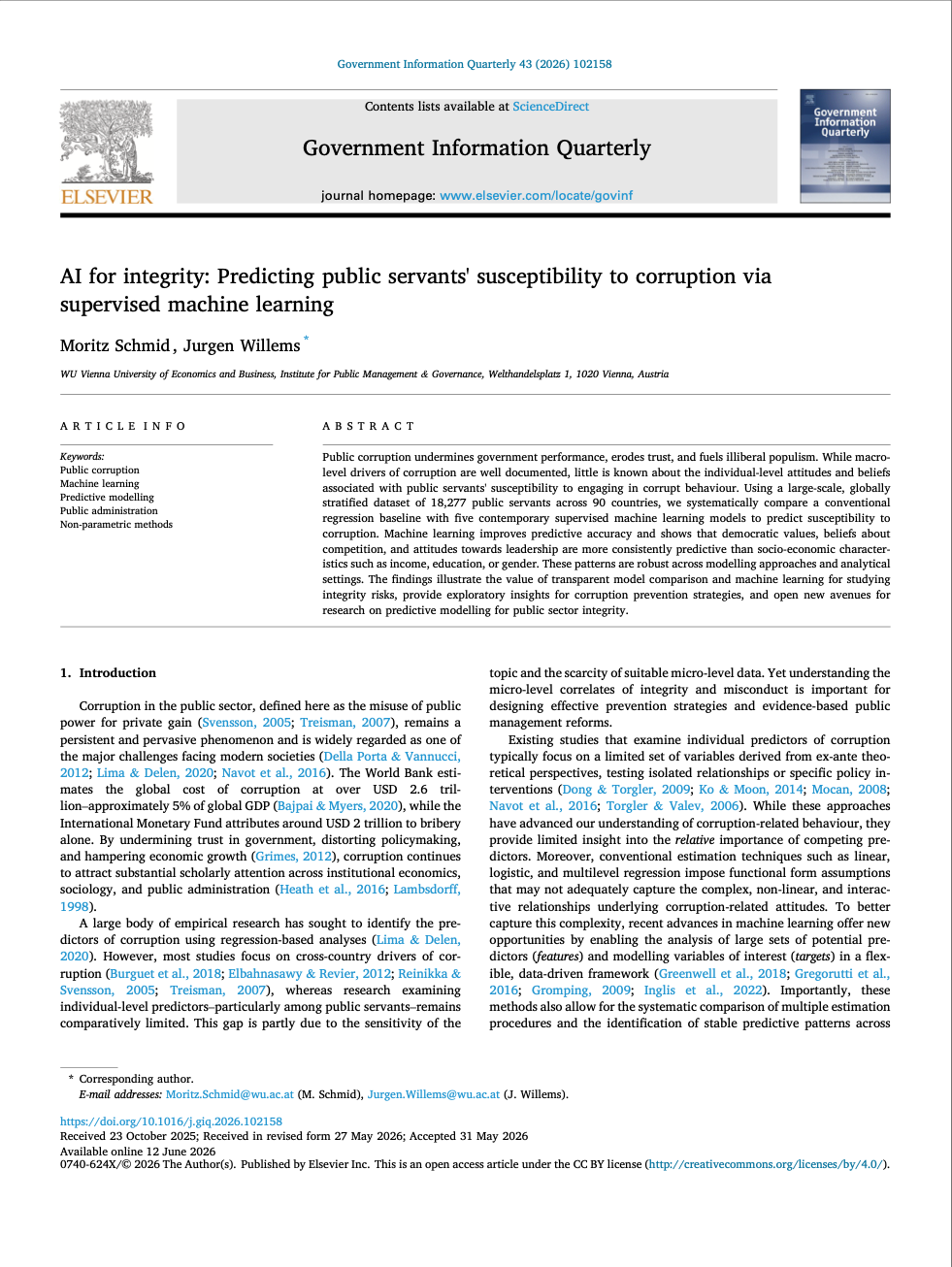 First page of: AI for integrity — Government Information Quarterly