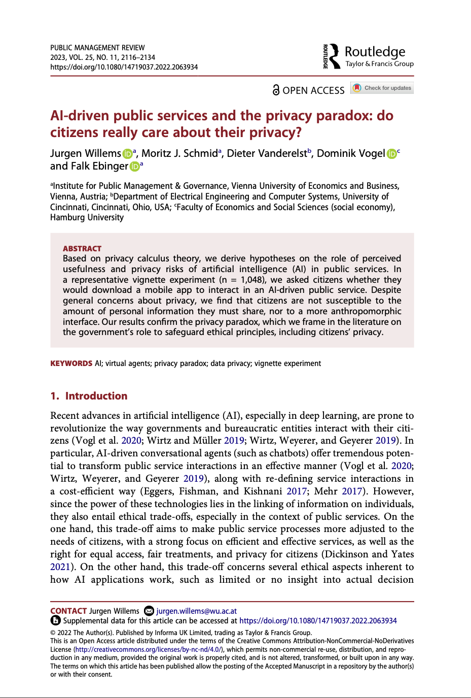 First page of: AI-driven public services and the privacy paradox — Public Management Review